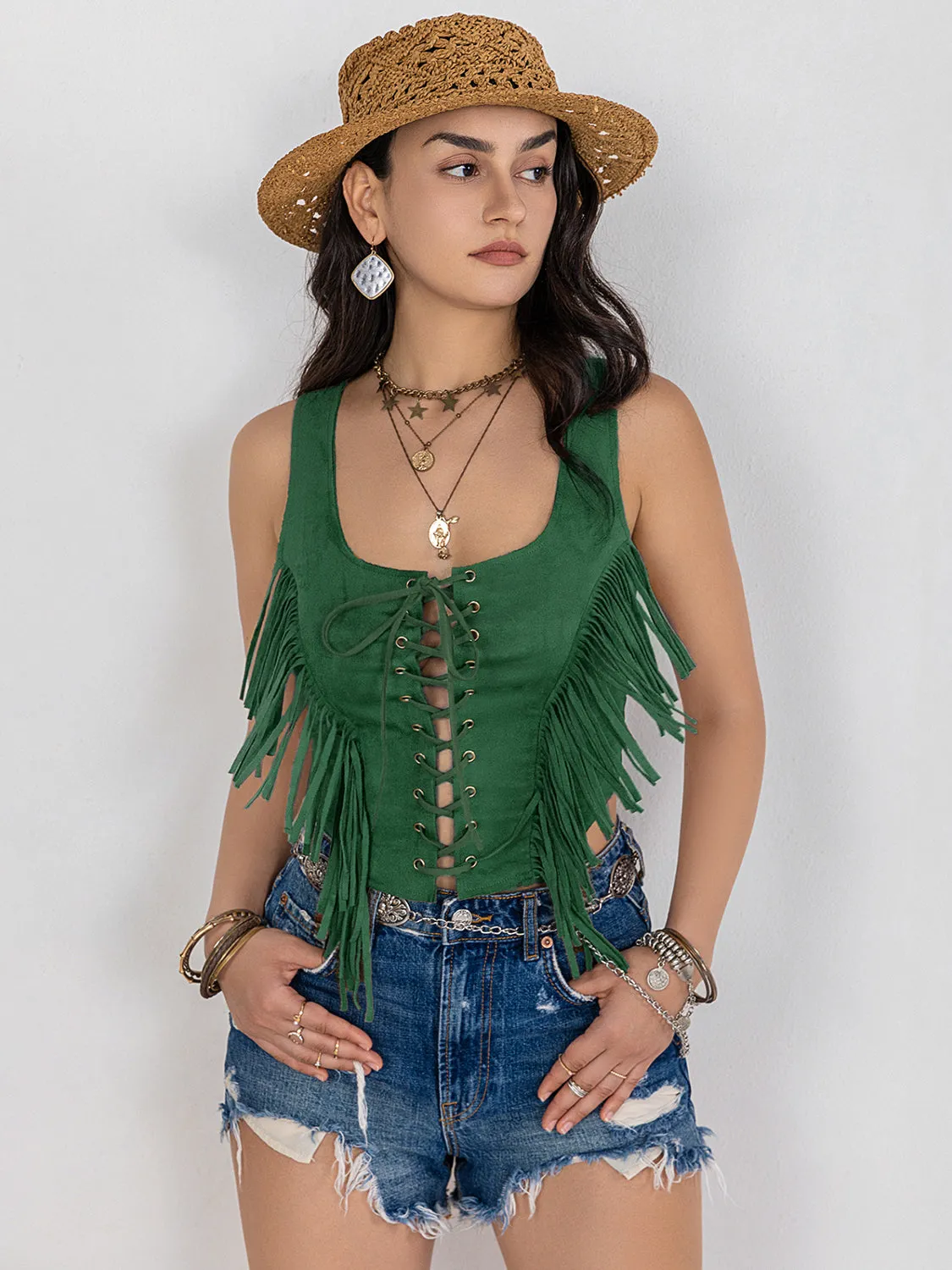 🌟 Fringe Lace-Up Wide Strap Tank 🌟