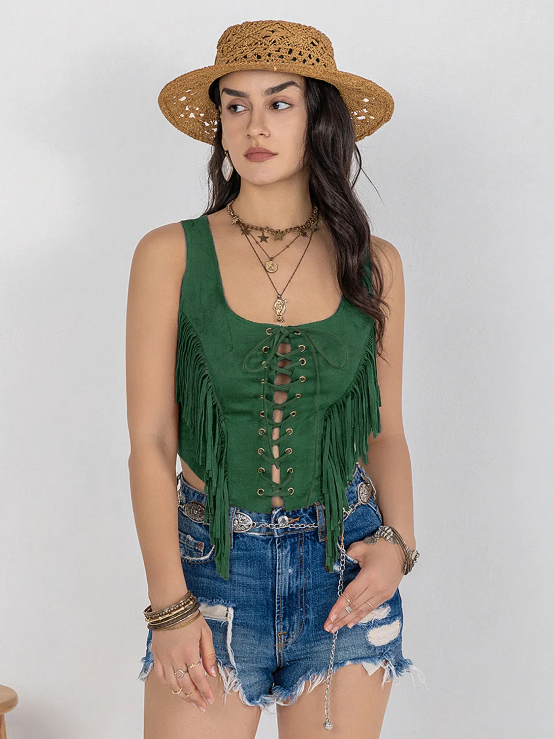 🌟 Fringe Lace-Up Wide Strap Tank 🌟