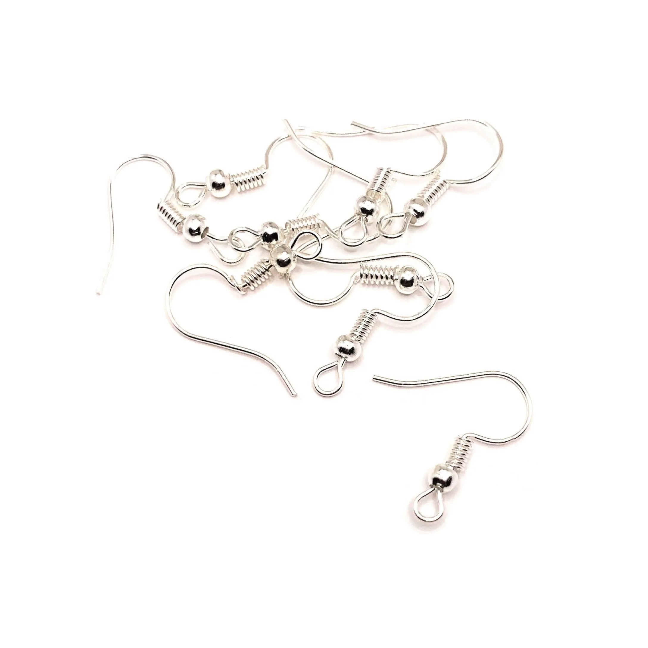 100 or 500 Pieces: Bright Silver Plated Fish Hook Earring Wires with Spring and Ball