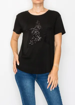 Black T-Shirt with Star Sequin Design #765