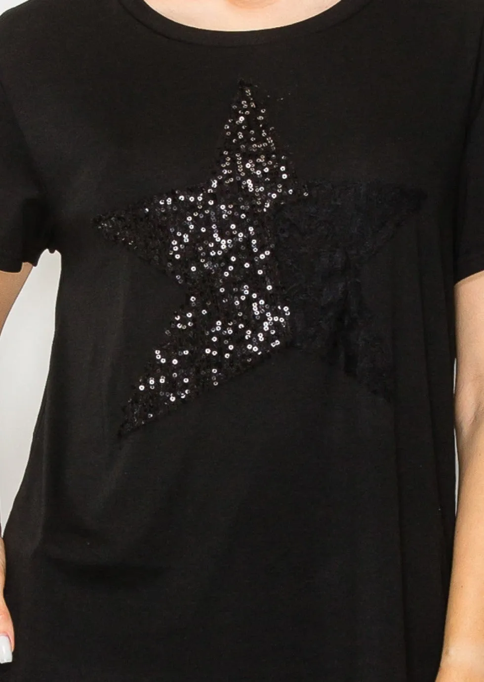 Black T-Shirt with Star Sequin Design #765