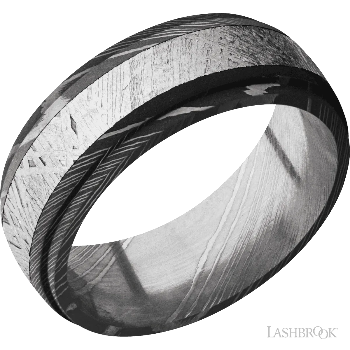 Damascus Band with Acid Finish and Meteorite Inlay - 8MM