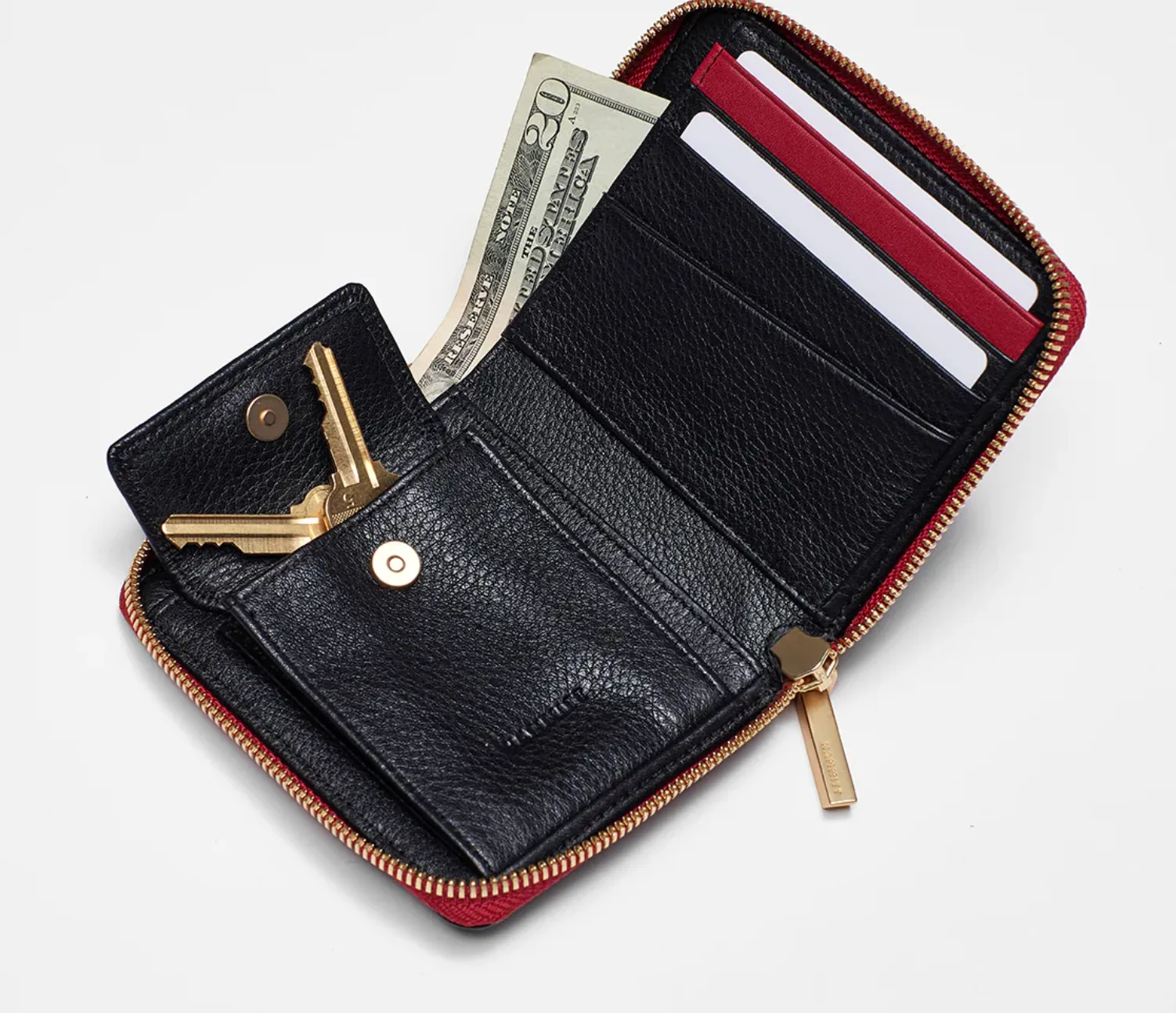 Hammitt 5 North Wallet in Black/Brushed Gold Red Zip