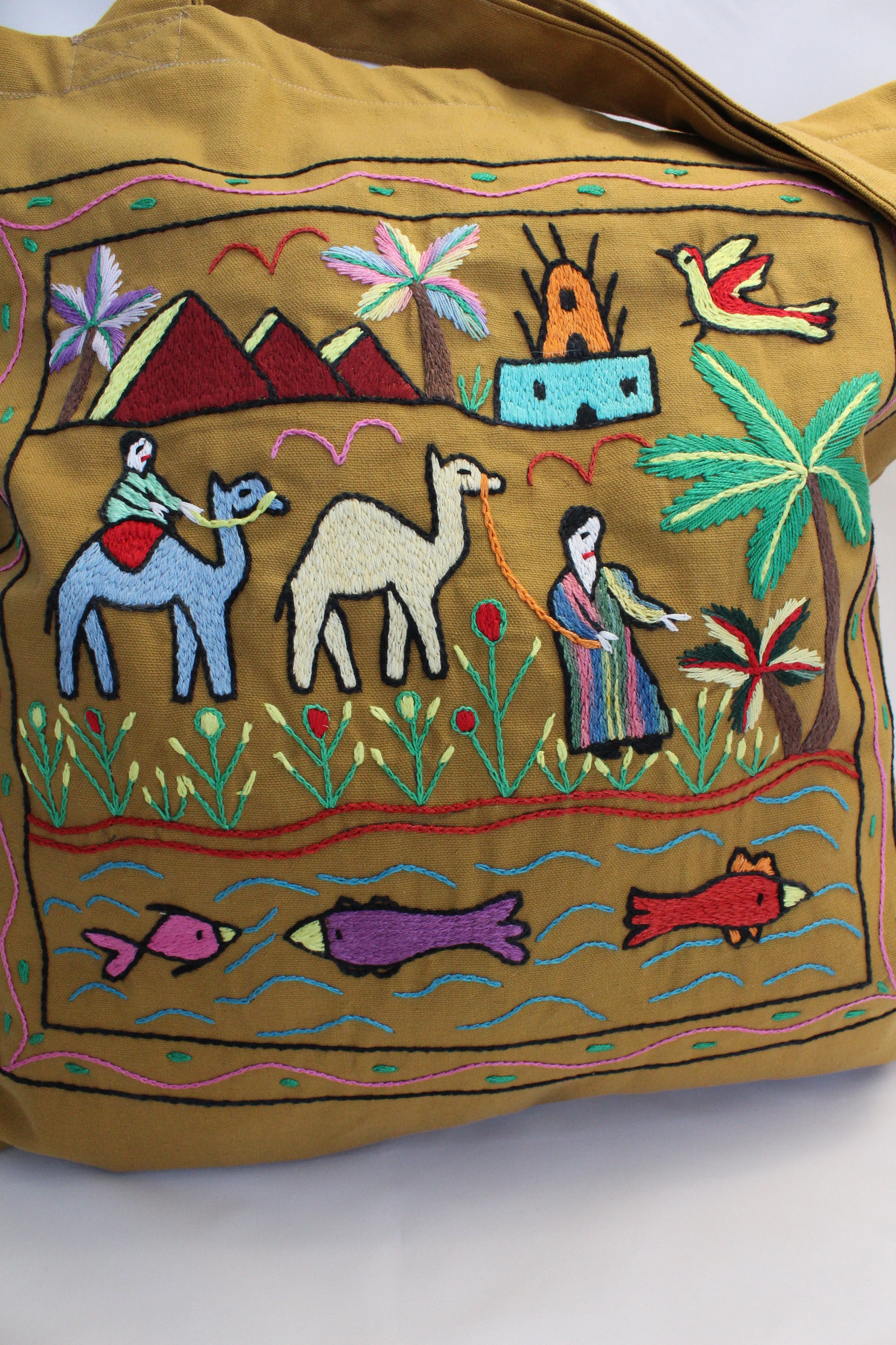 Hand Embroidered Canvas Tote Bag - Mustard