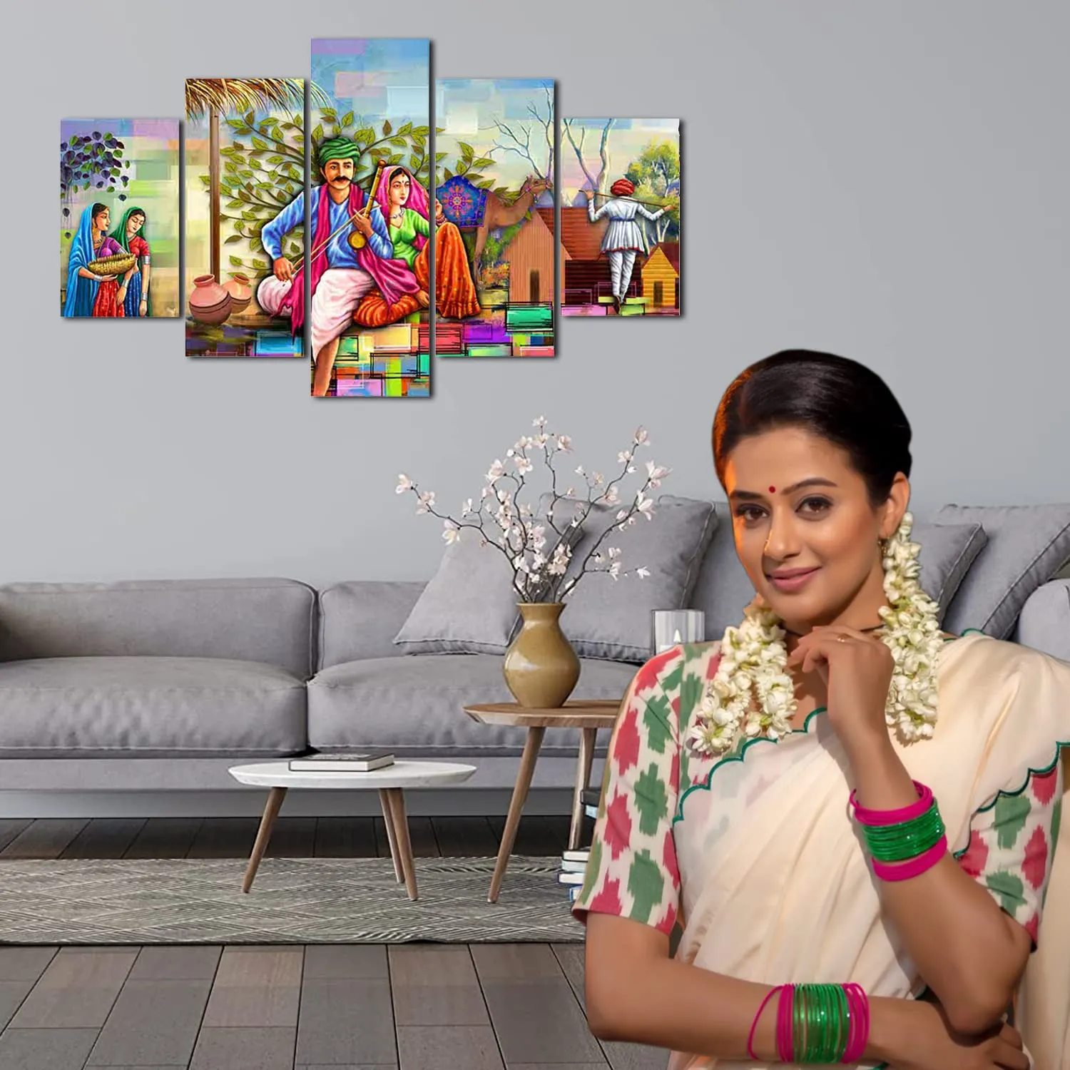 Heart Home Wall Paintings | MDF Wooden Wall Art for Living Room |Wall Sculpture | Rajasthani Painting for Bedroom | Office | Hotels | Gift | 1730KITL3 |5 Piece Set| Multicolor