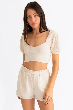 Lace Puff Sleeve Crop Top & Paperbag Shorts Set