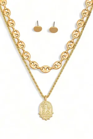 Layered Mariner Chain Pendant Necklace Stud Earring Set