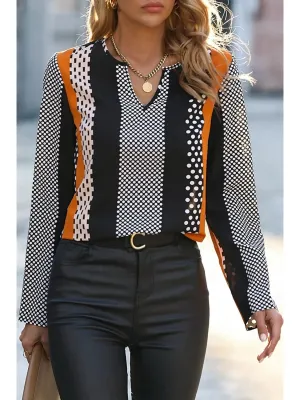 Orange Polka Dot Print Colorblock Notched Neck Top