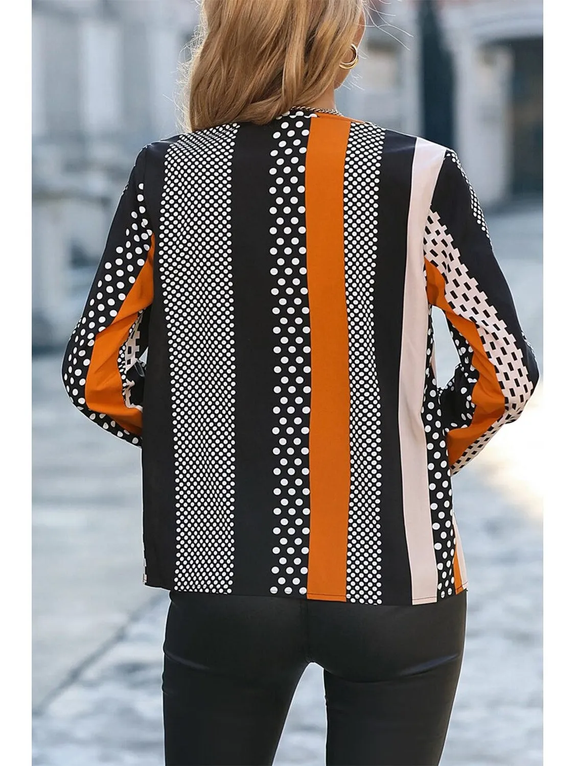 Orange Polka Dot Print Colorblock Notched Neck Top