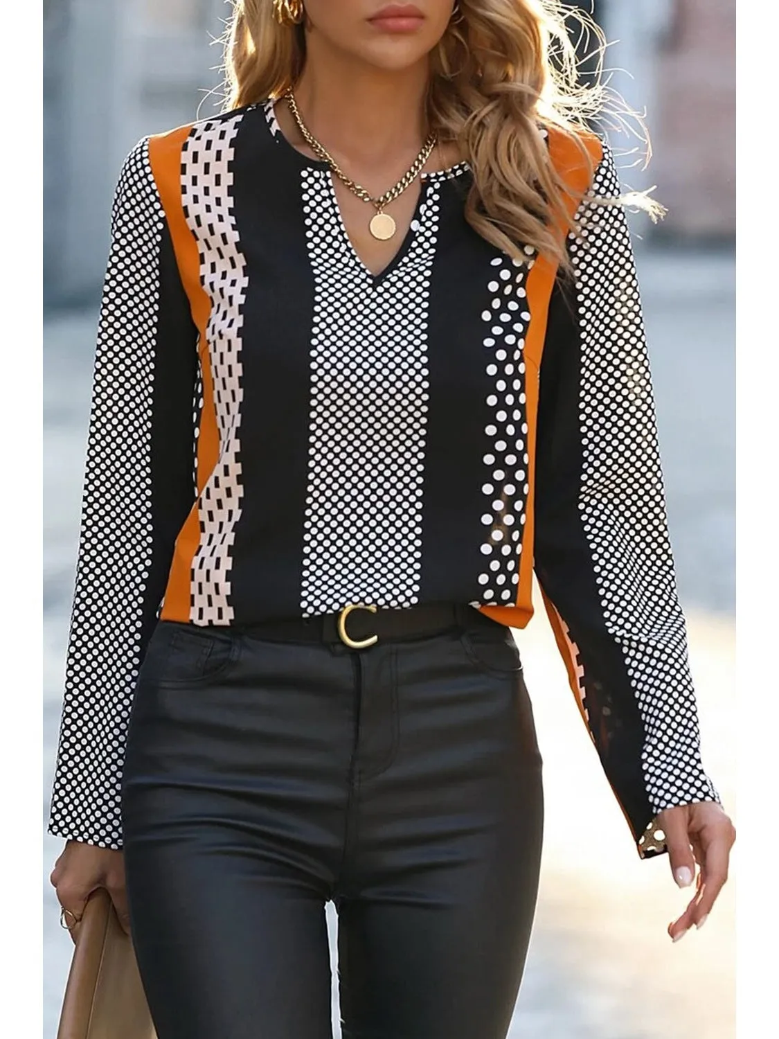 Orange Polka Dot Print Colorblock Notched Neck Top