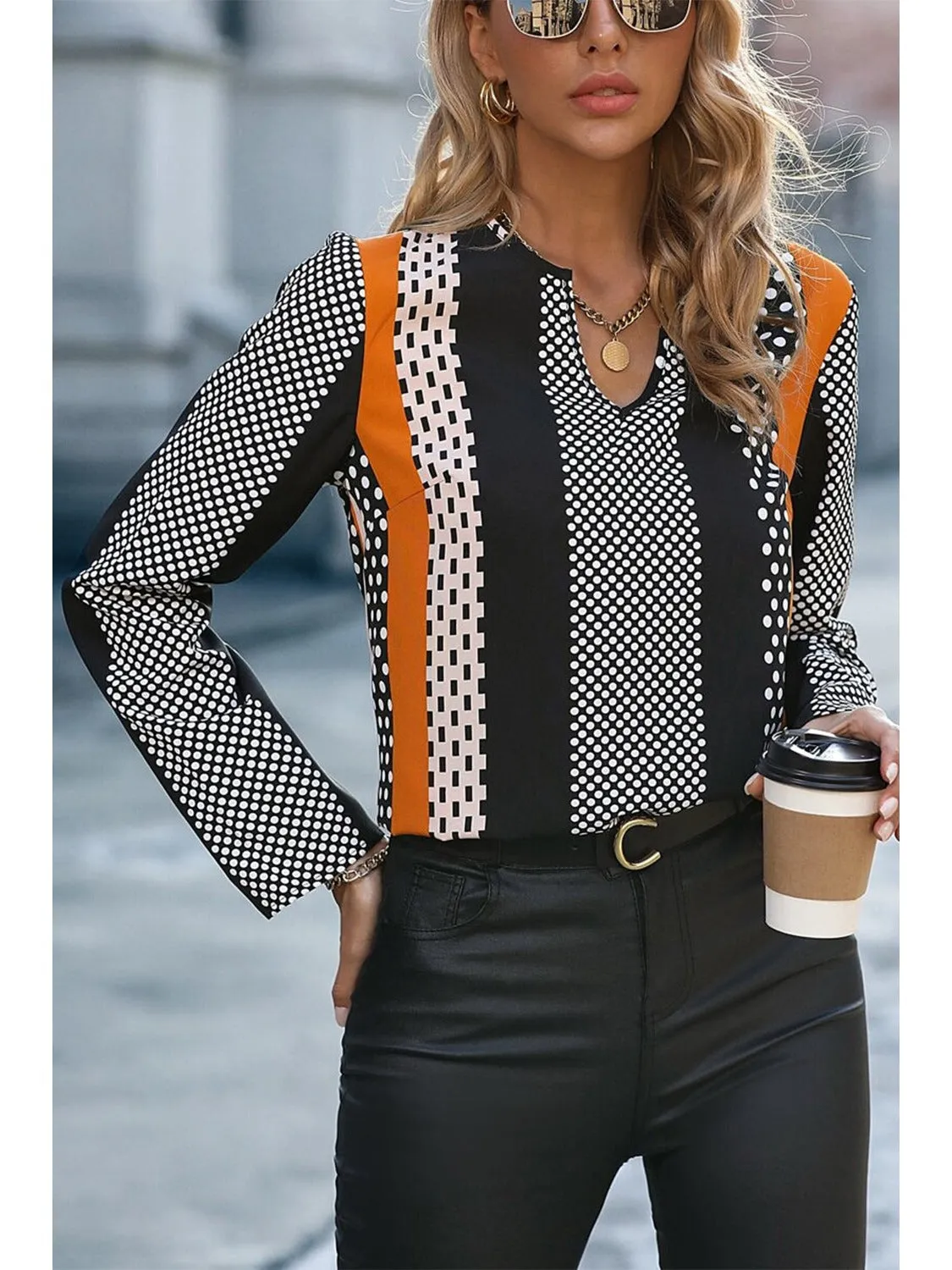 Orange Polka Dot Print Colorblock Notched Neck Top