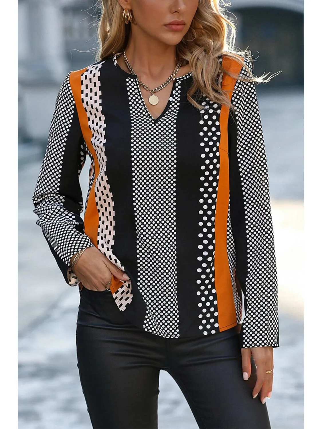 Orange Polka Dot Print Colorblock Notched Neck Top