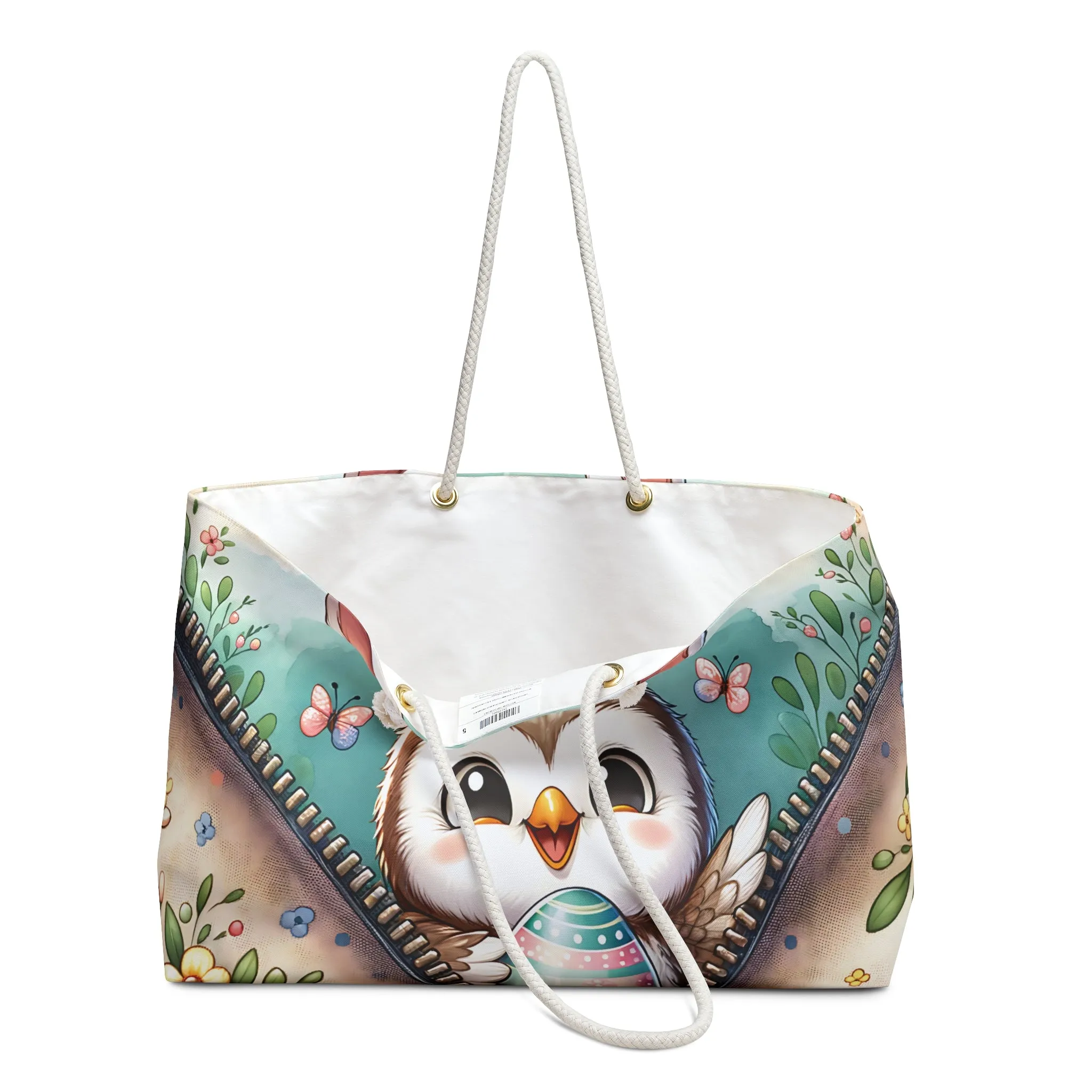 Personalised/Non-Personalised Weekender Bag, Easter, Cute Owl with Bunny Ears, Large Weekender Bag, Beach Bag, Book Bag