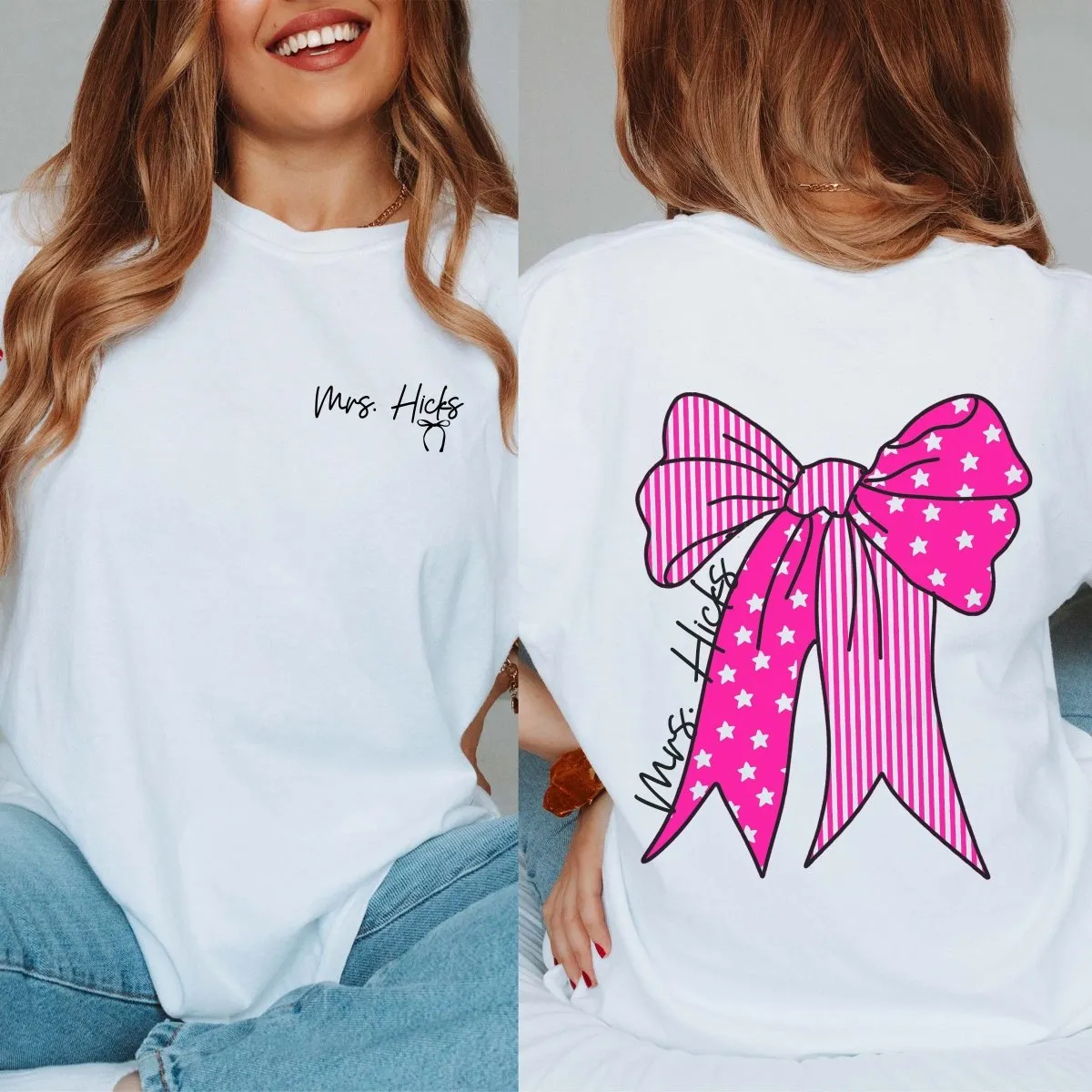 Personalized Large Bow Comfort Color Tee With Front And Back Design