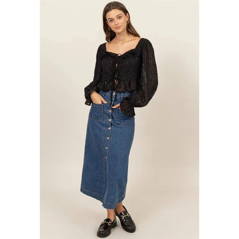 RUFFLE TRIM TIE-FRONT GLITTERED BLOUSE⁠