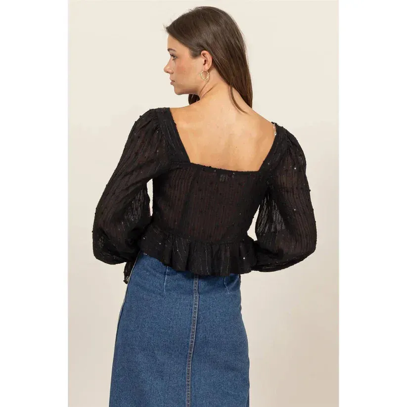 RUFFLE TRIM TIE-FRONT GLITTERED BLOUSE⁠