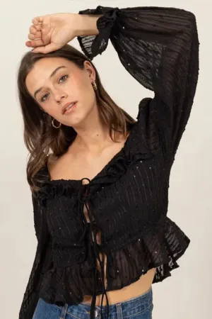 RUFFLE TRIM TIE-FRONT GLITTERED BLOUSE⁠