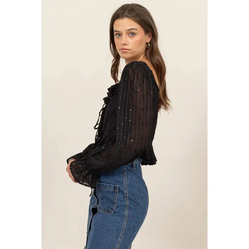 RUFFLE TRIM TIE-FRONT GLITTERED BLOUSE⁠