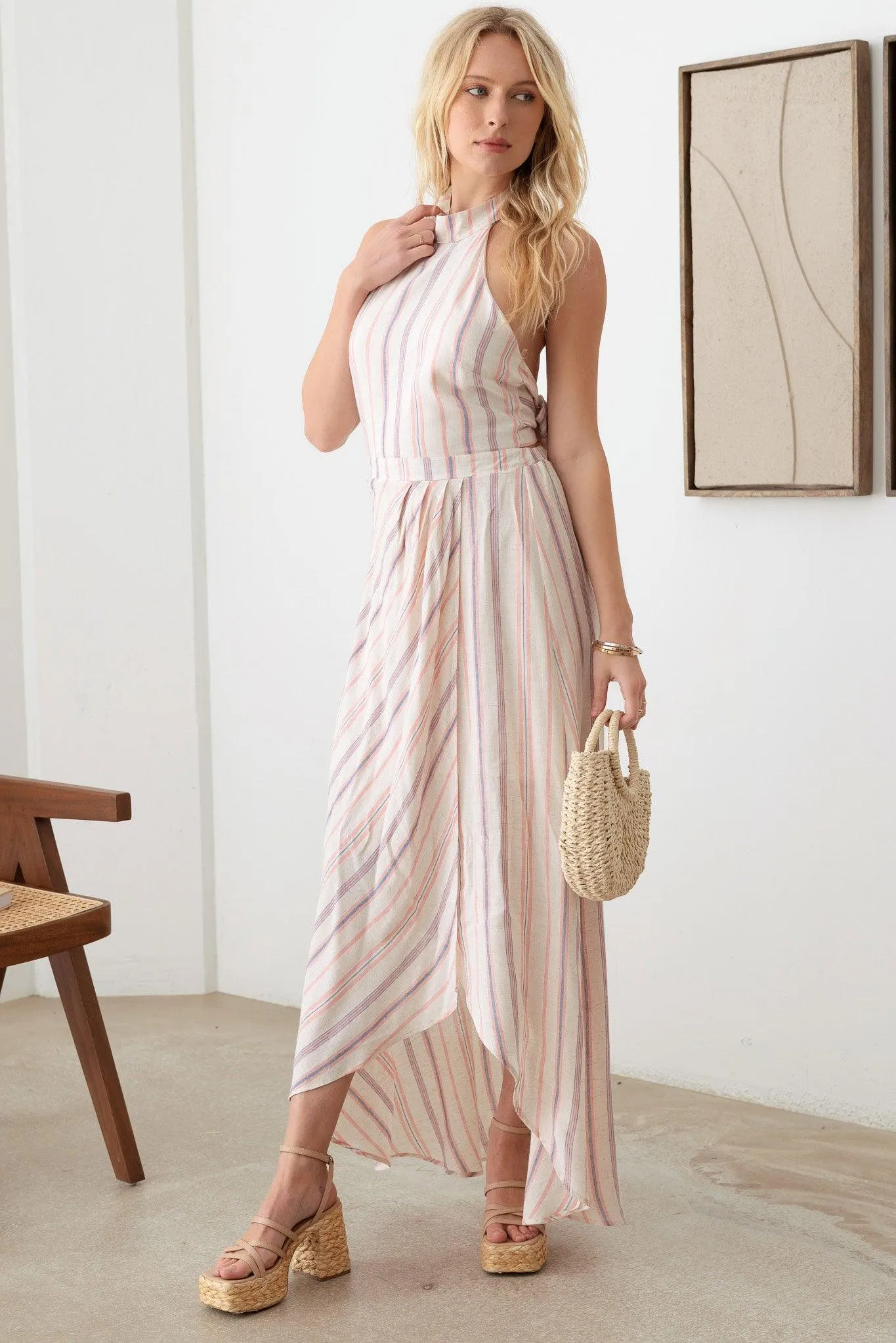 Striped Boho Asymmetric Back Tie Halter Dress