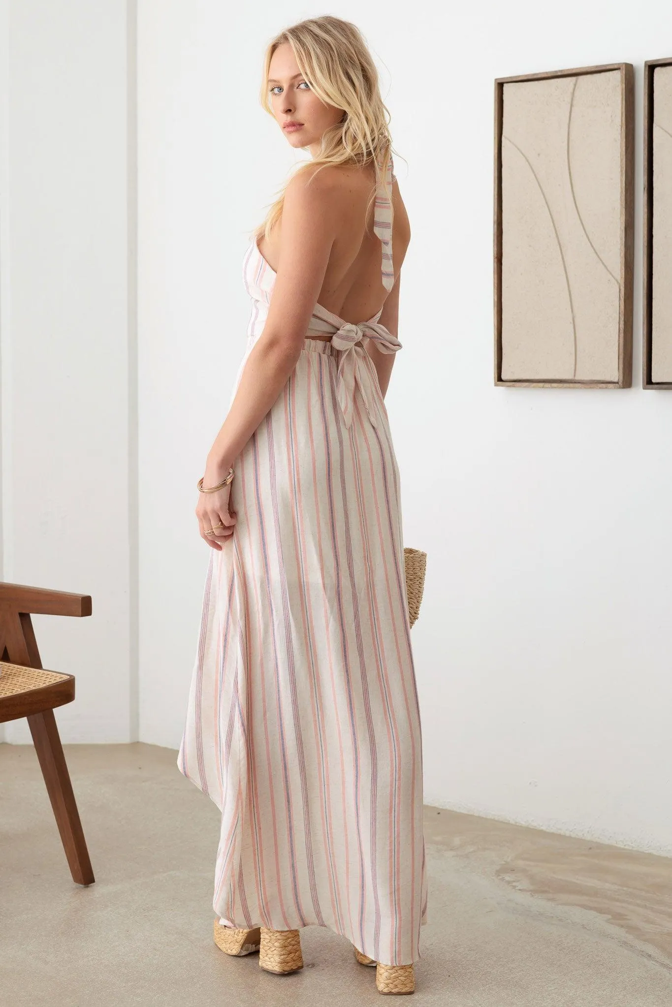 Striped Boho Asymmetric Back Tie Halter Dress