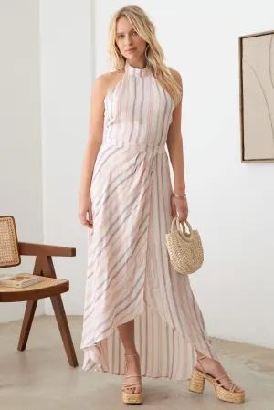 Striped Boho Asymmetric Back Tie Halter Dress