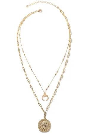 Two Layered Chain Coin Pendant With Horn Necklace