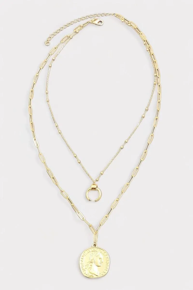 Two Layered Chain Coin Pendant With Horn Necklace